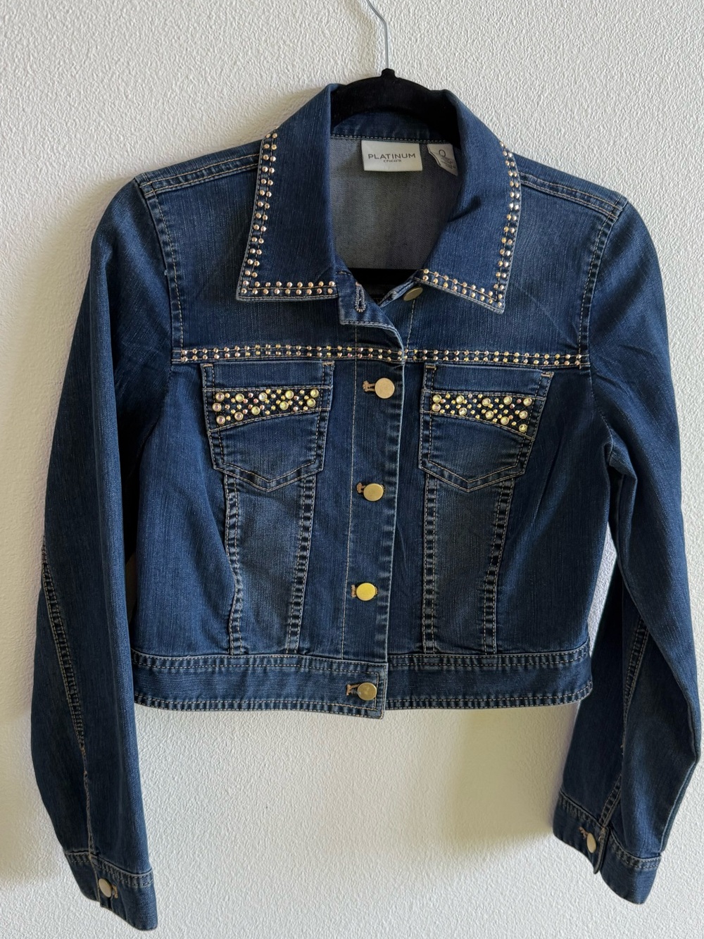 Chico's Platinum Dark Blue Cropped Denim Jacket Embellished